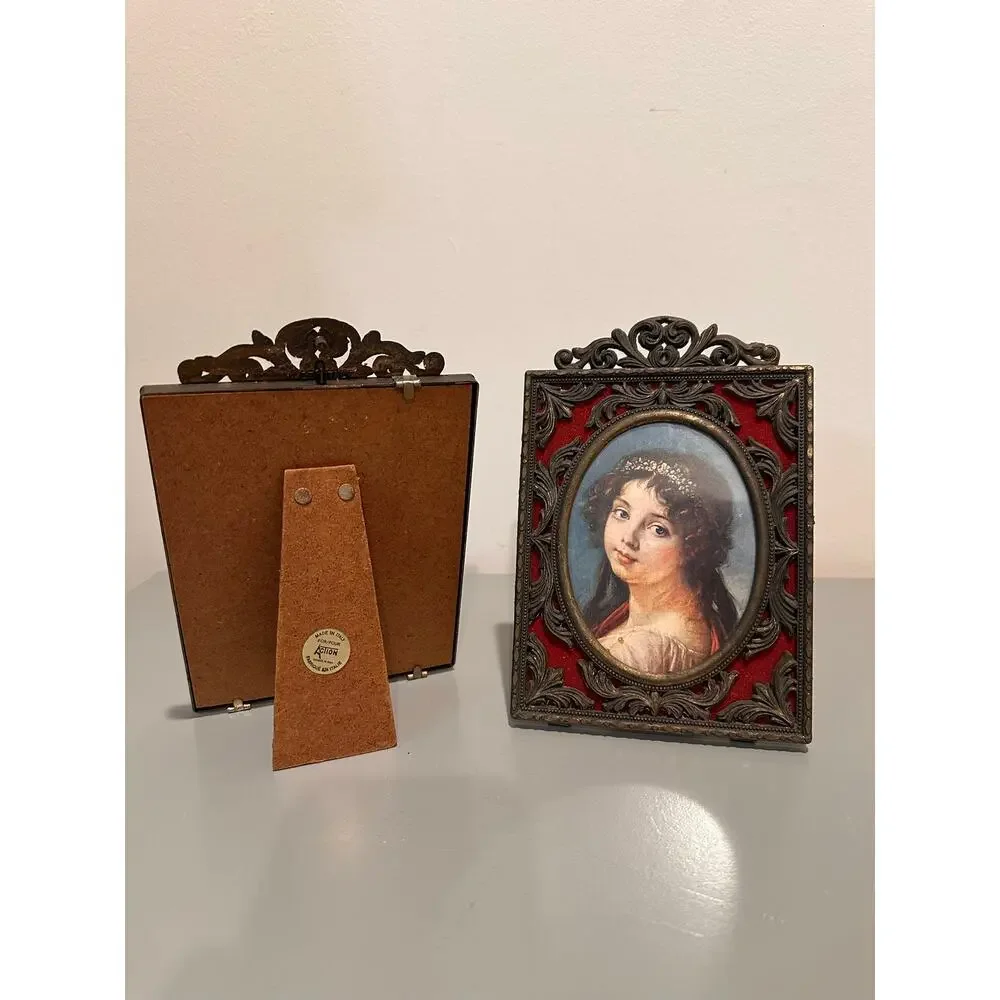 Pair of Vintage Italian Metal Frames with Oval Portraits. Red Velvet Mat. Italy.